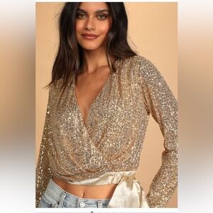 She's Got It All Gold Sequin Faux-Wrap Long Sleeve Crop Top